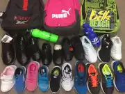 Sample products, backpacks, shoes, water bottles