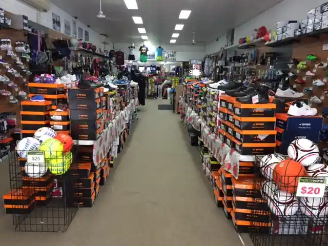 Looking inside Sportsworld, running shoes, basket balls, soccer balls, rugby balls and more